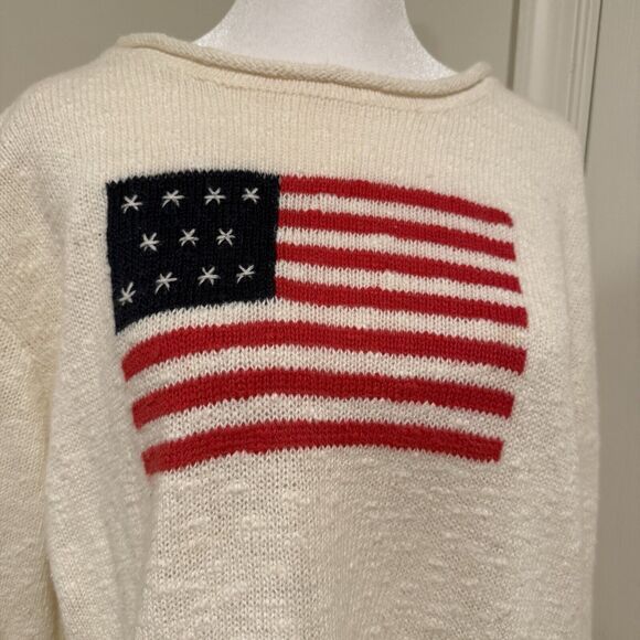 Denim & Co Sz L Ivory USA Star Antique Flag Art-to-Wear Sweater - Picture 2 of 9